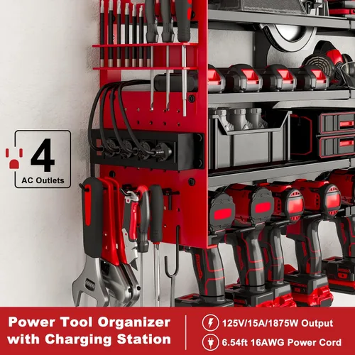 Miniatura 3 de Soporte de taladro inalámbrico para 12 unidades, organizador grande de herramientas eléctricas, soporte de pared con tablero de clavijas lateral