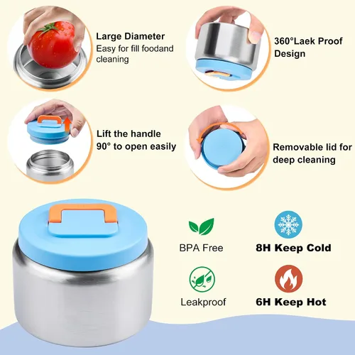 Miniatura 4 de Lonchera Bento para niños con termo, a prueba de fugas, con tarro de comida aislado de 8 onzas, bolsa de almuerzo, sin BPA, apta para lavavajillas