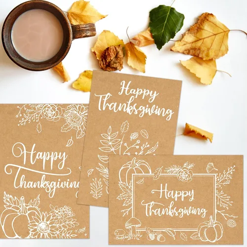 Miniatura 8 de WorldBazaar Tarjetas de felicitación de Acción de Gracias con sobres, 24 tarjetas de papel kraft de calabaza de otoño, suministros de fiesta