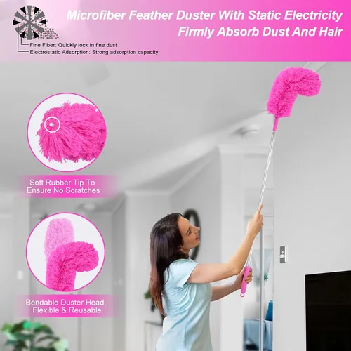 Miniatura 3 de Plumeros de microfibra para limpieza, plumeros con poste de extensión, plumeros flexibles y lavables para ventiladores de techo alto, persianas