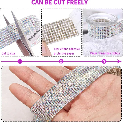 Miniatura 4 de 4 rollos de cinta autoadhesiva con diamantes de imitación y cristal Bling con tiras adhesivas de 2 mm para manualidades, bodas, cumpleaños, fiestas
