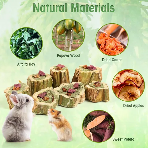 Miniatura 3 de Abizoo Juguetes masticables de conejo para conejo, madera de papaya natural, golosinas masticables con heno de alfalfa orgánica, zanahoria seca