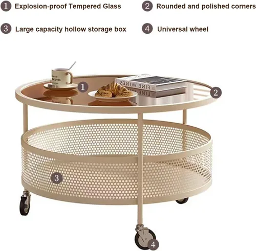Miniatura 4 de Mesa de centro de cristal con ruedas giratorias, mesa de té redonda de 2 niveles con cesta de almacenamiento hueca de hierro, moderna mesa central