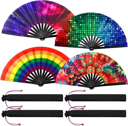 Miniatura 9 de Qunclay Paquete de 4 abanicos plegables grandes para rave de mano para baile de línea, fanáticos chinos, japoneses, para fiestas de festivales