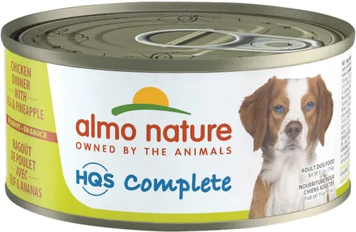 Almo Nature HQS - Cena completa de pollo con piña y huevo en salsa, sin granos, comida húmeda enlatada para perros adultos, triturada.