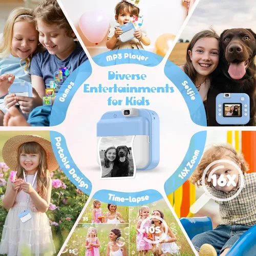 Miniatura 4 de Cámara para niños con impresión instantánea: cámara digital con lente abatible, regalo de cumpleaños para niños y niñas, fotos de impresión Azul