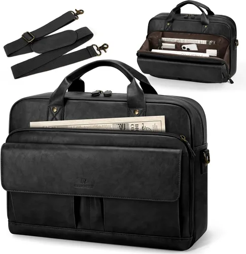 RAINSMORE Bolsa de mensajero de cuero PU para hombre, maletín de 15.6 pulgadas, bolso vintage para computadora portátil para trabajo y negocios