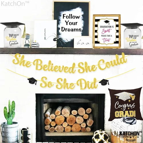Miniatura 8 de KatchOn, Cartel de She Believed She Could So She Did - Cartel con purpurina de 10 pies, sin bricolaje, pancarta dorada y negra con la frase "You Did