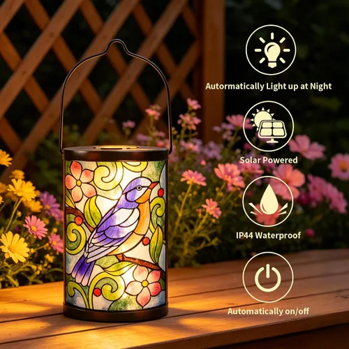 Miniatura 5 de Farol solar para exteriores, impermeable, colgante, luces solares de cristal de pájaro azul, faroles decorativos para exteriores, patio, césped