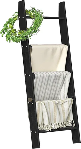 HONEST OUTFITTERS Escaleras para Mantas para la Sala de Estar, Soporte de Mantas de 5 Niveles, Estante de Mantas Inclinado en la Pared, Estantes en