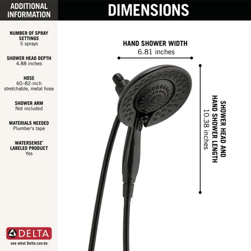 Miniatura 3 de Delta In2ition - Cabezal de ducha doble 2 en 1 de 5 ajustes con rociador de mano, cabezal de ducha desmontable negro mate con manguera, cabezal