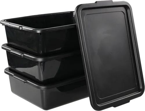 Miniatura 6 de Tina de autobús de plástico negro de 13 L con tapa, paquete de 3 bandejas de autobús