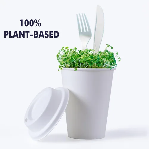 Miniatura 2 de KTOB [paquete de 50] Tazas de café compostables de 12 onzas con tapas y mangas kraft, combo de tazas de papel blanco desechables ecológicas