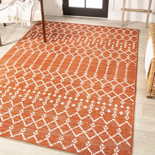 Miniatura 4 de JONATHAN Y Tapete geométrico marroquí para interiores y exteriores, 3 x 5 pies, naranja/crema, tejido texturizado Ourika para patio trasero, patio
