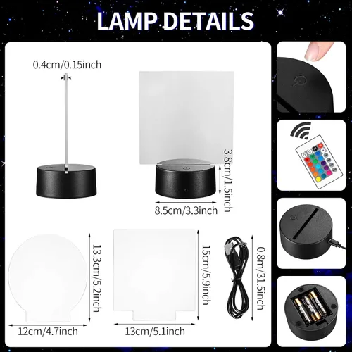 Miniatura 2 de Honoson 4 Piezas Bases de Lámpara LED Nocturna 3D con 4 Piezas Láminas de Acrílico Transparente Control Remoto Cable USB Ajustable 16 Colores 4