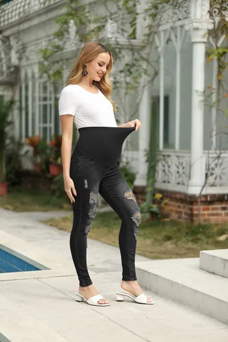 Miniatura 3 de Maacie Jeans de maternidad sobre el vientre, pantalones de mezclilla rasgados ajustados con bolsillos reales