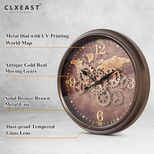 Miniatura 2 de CLXEAST Reloj de pared grande de 24 pulgadas con engranajes móviles, relojes industriales con esfera de mapa del mundo, reloj de pared fresco
