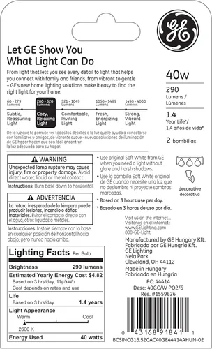 Miniatura 3 de GE Bombillas de globo incandescentes, bombillas decorativas G16.5, blanco suave, 40 W, 290 lúmenes, base de candelabro, paquete de 2, bombillas