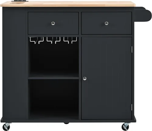 Miniatura 3 de YOPTO Isla de cocina con toma de corriente, hojas caídas y madera de goma, almacenamiento abierto y estante para vino, carrito de almacenamiento