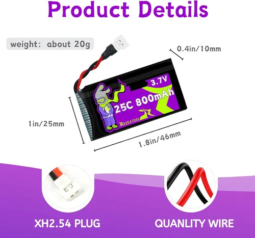 Miniatura 4 de 3.7V 800mAh 25C Molex/XH2.54 Plug 802540 recargable, apto para Q9S Drones Force1 UFO Syma X5 X5SW X5C X5C1 Hengqi 905 Cheerson CX-30 BEZGAR
