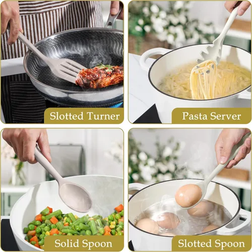 Miniatura 6 de LIANYU Juego de 8 utensilios de cocina, juego de espátulas de silicona para utensilios de cocina antiadherentes, incluye espátula de silicona, Caqui