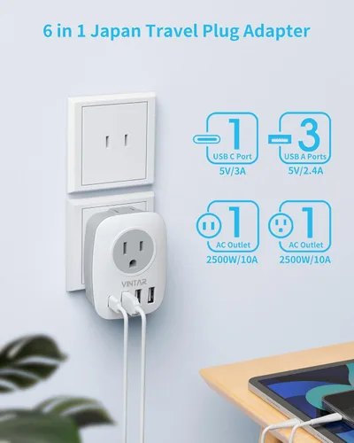 Miniatura 4 de Adaptador de enchufe de EE. UU. a Japón, adaptador de corriente de viaje VINTAR Japón con 2 salidas de CA, 3 puertos USB y 1 USB C, adaptador
