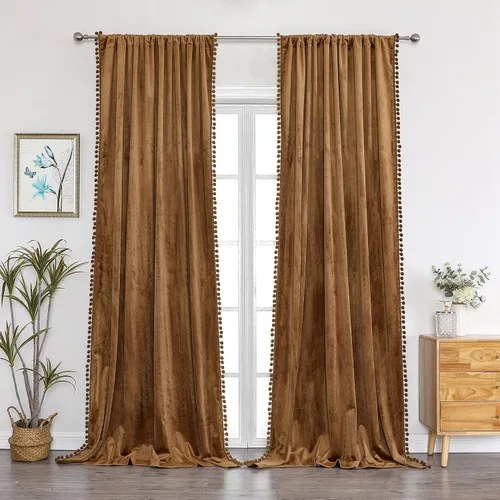Miniatura 12 de Benedeco - Cortinas de terciopelo burdeos para ventana de dormitorio con pompón, cortinas de lujo súper suaves, oscurecimiento y aislamiento térmico