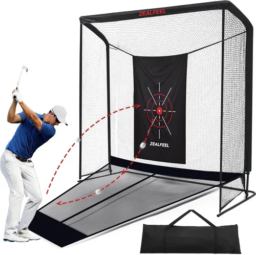 Zealfeel Golf Net, Golf Simulator Enclosure Net with Side Barriers & Auto-Ball Return, Low-Noise Silk Target, Carry Bag, 2 Sand Bags, 4 Stakes,