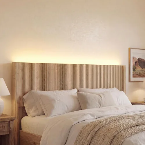 Cabecera tamaño Queen solamente, moderna cabecera acanalada montada en la pared con iluminación, cabecera de cama de madera bohemia elegante Natural