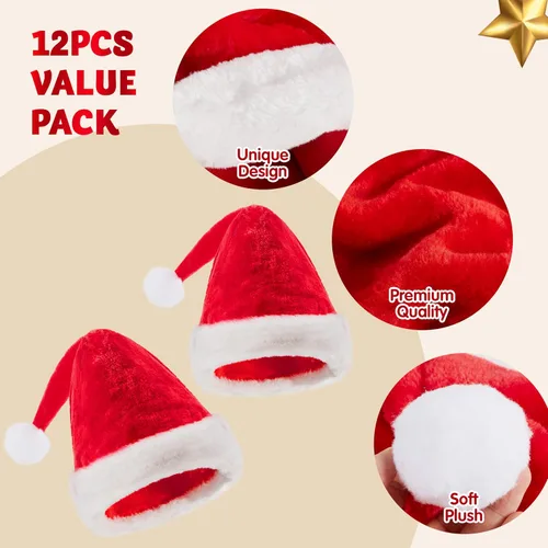 Miniatura 5 de JOYIN 12 PCS Sombreros de Papá Noel, Sombreros de Navidad de Terciopelo Rojo Afelpado con Puños Blancos como Regalo para Adolescentes, Adultos
