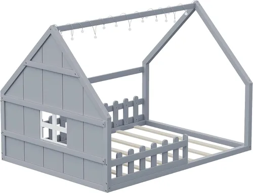 Miniatura 7 de Bellemave Cama de casa tamaño matrimonial, cama de piso de madera para niños, cama Montessori con barandillas y listones para niños y niñas, altura