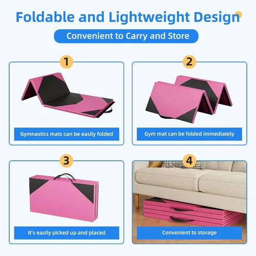 Miniatura 4 de Polar Aurora - Esterillas de gimnasia plegables de 4 pies x 8 pies x 2 pulgadas, gruesas, para ejercicios aeróbicos, estiramiento y yoga Rosa-Negro