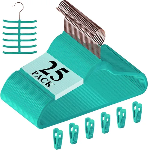 Miniatura 28 de VECELO Perchas de terciopelo de alta calidad resistentes (paquete de 60), antideslizantes y ahorran espacio con 8 clips para los dedos y soporte