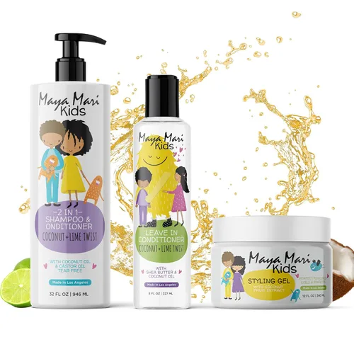 Maya Mari Juego de cabello rizado para niños para bobinas, rizos y control del encrespamiento: champú 2 en 1, acondicionador sin enjuague y gel para