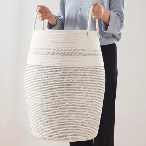 Miniatura 6 de OIAHOMY Cesta para ropa sucia tejida de cuerda de algodón, canasto grande para ropa con asas de algodón extendidas para almacenamiento de ropa