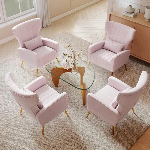 Miniatura 10 de Nebuaegis Silla decorativa de terciopelo con respaldo alado para sala de estar, sillón de respaldo alto con patas doradas, almohada lumbar, sofá