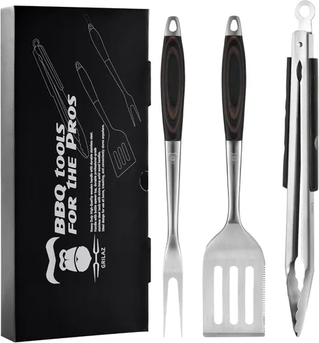Grilaz Juego de herramientas para barbacoa de acero inoxidable | Mangos de madera teñida oscura | Accesorios de parrilla para trabajo pesado | Juego
