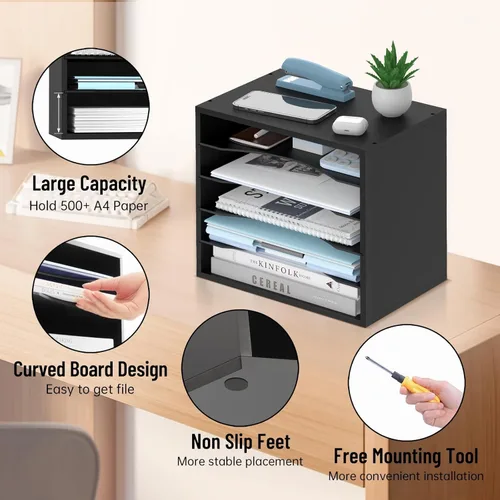 Miniatura 5 de Organizador de escritorio de madera de 5 niveles, organizador de bandeja de papel para escritorio con estantes de almacenamiento ajustables, Negro