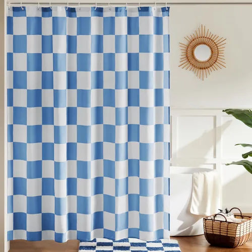 Ohocut Cortina de Ducha a Cuadros, Cortinas de Ducha Azules para Baño, Linda Cortina de Ducha Retro a Cuadros Estética Vintage, Cortina de Baño de