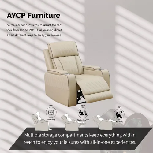 Miniatura 5 de Juego de sillones reclinables eléctricos con luces LED, juego reclinable de cuero acolchado con aire con puerto USB/almacenamiento/portavasos/luz
