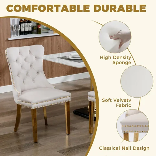 Miniatura 5 de Juego de mesa de comedor redonda de vidrio de 38.9 pulgadas para 4, mesa de cocina redonda dorada con 4 sillas decorativas de terciopelo tapizadas