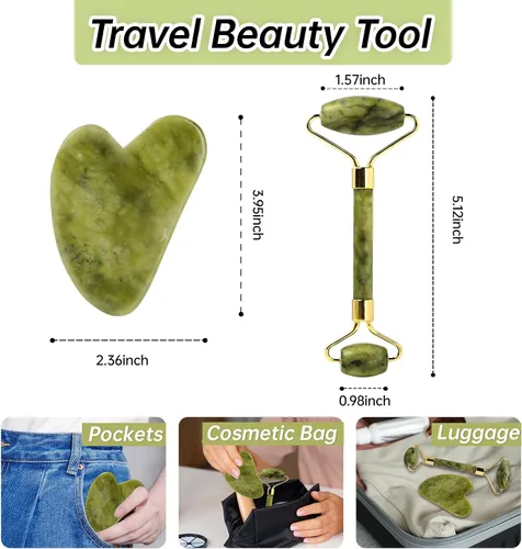 Miniatura 7 de Juego de Gua Sha de Jade y Rodillo Facial, Juego de Herramientas Faciales de Piedra Gua Sha de Jade Real para Reducir la Hinchazón, Herramienta