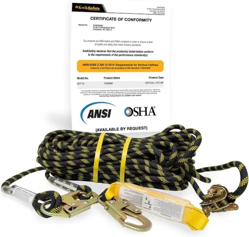 KwikSafety - Charlotte, NC - TSUNAMI [Cuerda trenzada premium] Línea de vida vertical ANSI OSHA Agarre de cuerda con mosquetón amortiguador de 1