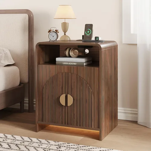 Miniatura 10 de Mesita de noche con estación de carga y luces LED, mesitas de noche con armario de almacenamiento ajustable, mesa auxiliar moderna con puertas
