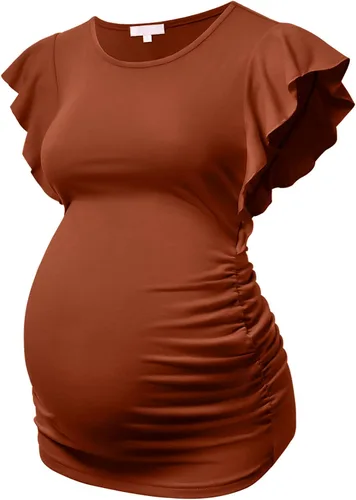 Bhome Camiseta de maternidad con manga corta voladora, fruncido lateral, blusa para embarazada, túnica casual de embarazo