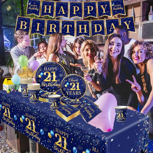 Miniatura 3 de Decoración de cumpleaños número 21 para hombre, juego de vajilla de cumpleaños azul marino y dorado de 142 piezas (reserva para 20), incluye
