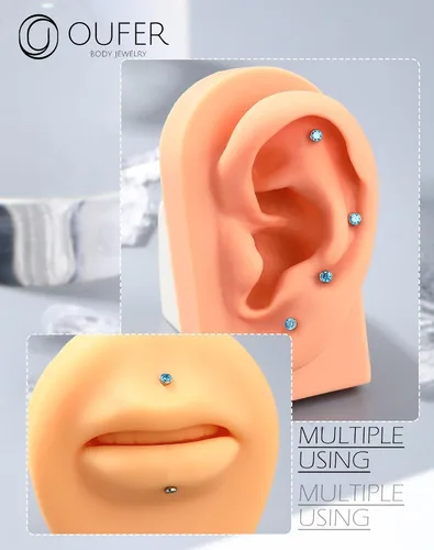 Miniatura 6 de OUFER - 2 aretes tipo dormilona de titanio G23 sin rosca, 20G/18G/16G, con respaldo plano y circonia cúbica pequeña, piercing para nariz, helix
