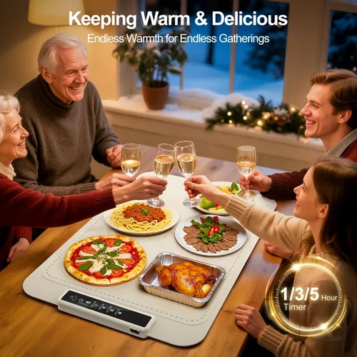 Miniatura 4 de Tapete de calentamiento para alimentos – Bandeja de calentamiento eléctrica con 4 ajustes de temperatura y temporizador, alfombrilla portátil