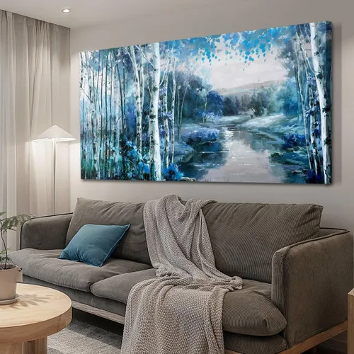 Miniatura 17 de Arjun Lienzo artístico para pared de árbol de la vida para sala de estar, pintura de árbol azul y verde azulado, 50% pintada a mano, imagen