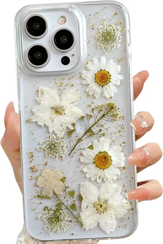 Miniatura 28 de LSEEKA Funda transparente para iPhone 13 Mini/iPhone 12 Mini con diseño de flores reales prensadas, con purpurina, bonito patrón floral blanco, Oro